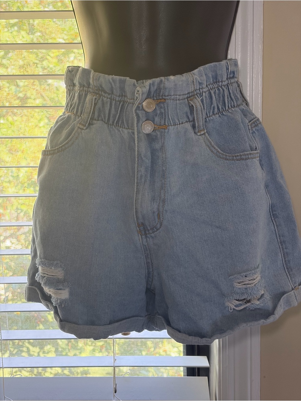 High-Waist Light Blue Denim Paperbag Shorts